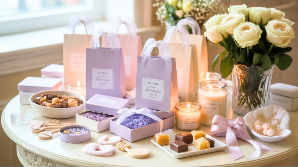 Baby Shower Game Prizes for Guests displayed on a decorated table Baby-Shower-Game-Prizes-for-Guests displayed-on-a-decorated-table