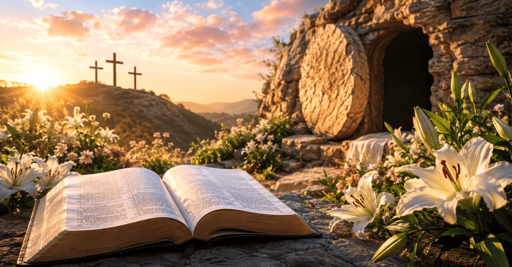 Bible quotations on Easter with open Bible and empty tomb at sunrise representing the resurrection of Jesus Christ.