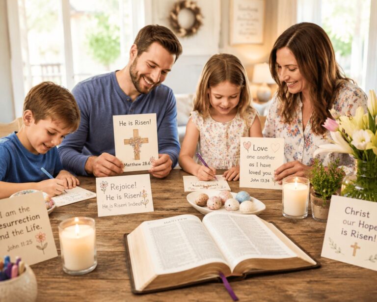 Family creating faith-based Easter traditions and reading Easter scriptures together at home.