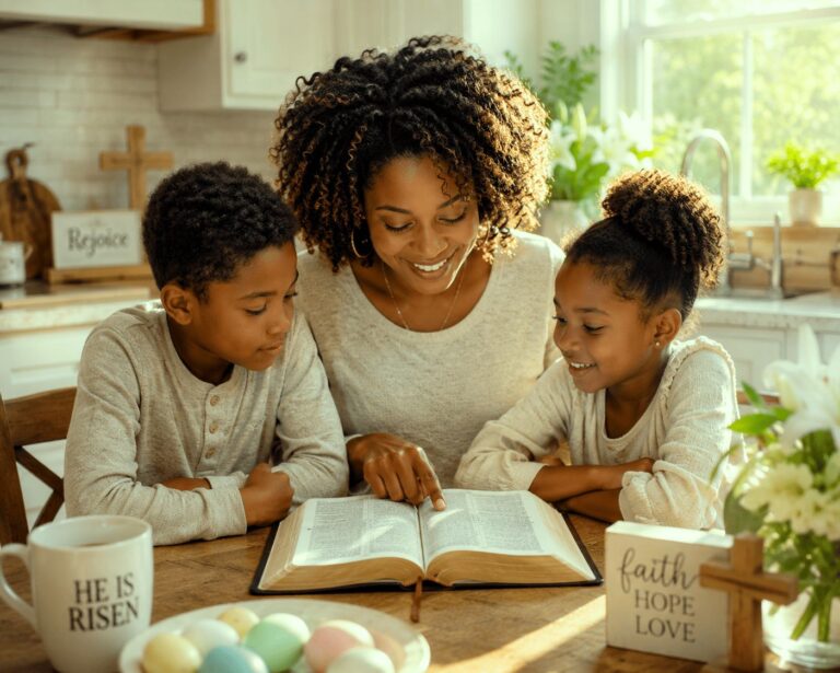 Single mom reading Easter Bible verses with her children during a family devotion.
