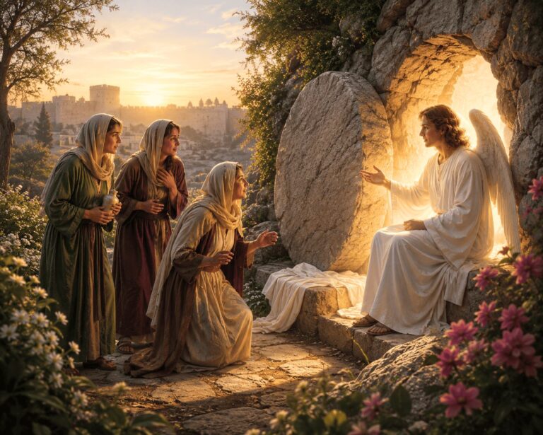 Women discovering the stone rolled away from Jesus' tomb on the first Easter morning.