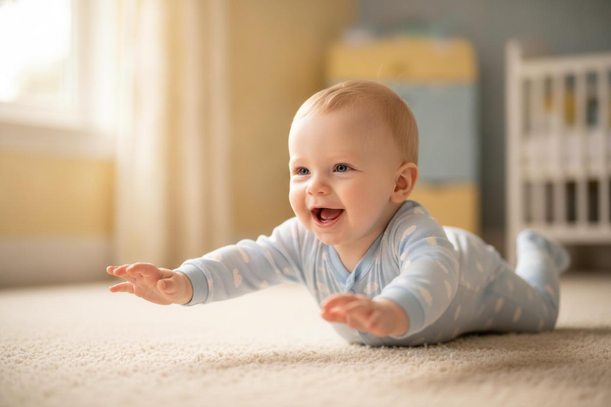 Baby boy mid-roll from belly to back looking delighted