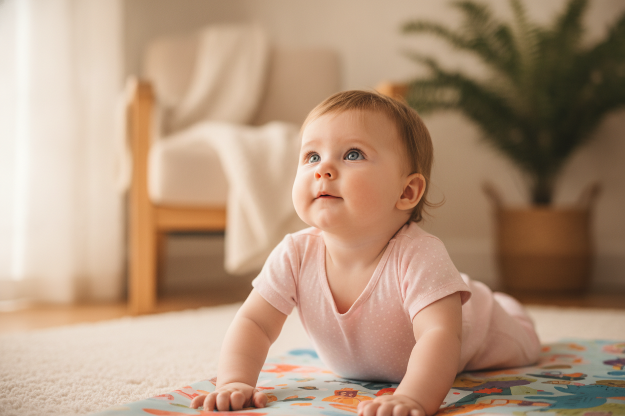 Baby doing tummy time pushing up with forearms