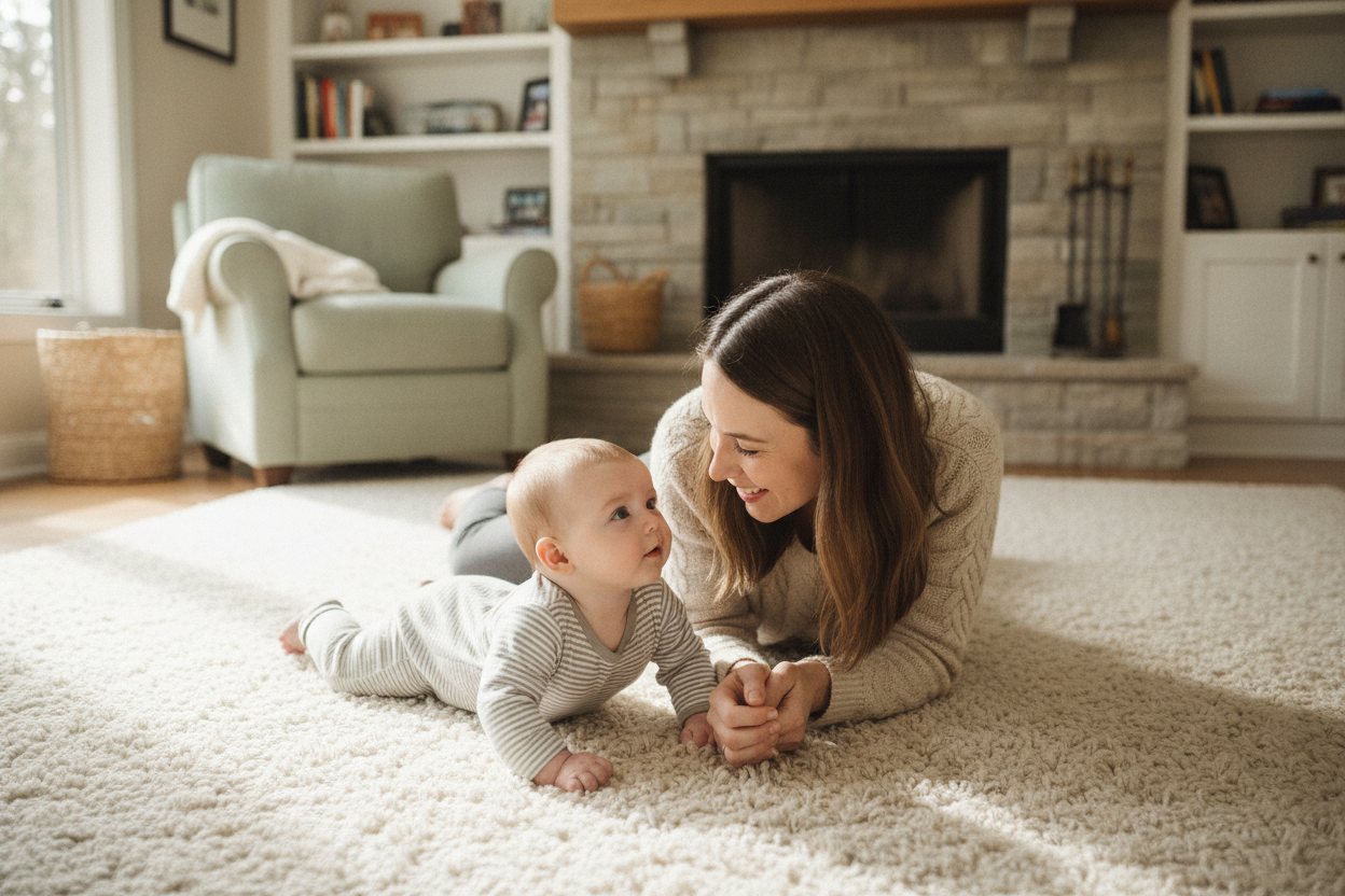 Mom lying on floor face-to-face with baby during tummy time